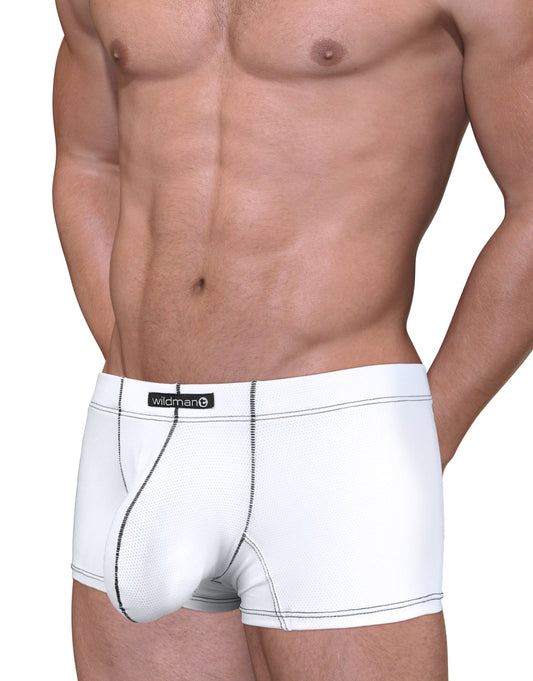 White Stitch Big Boy pouch boxer briefs with black contrast stitching and a WildmanT logo tag on the waistband.