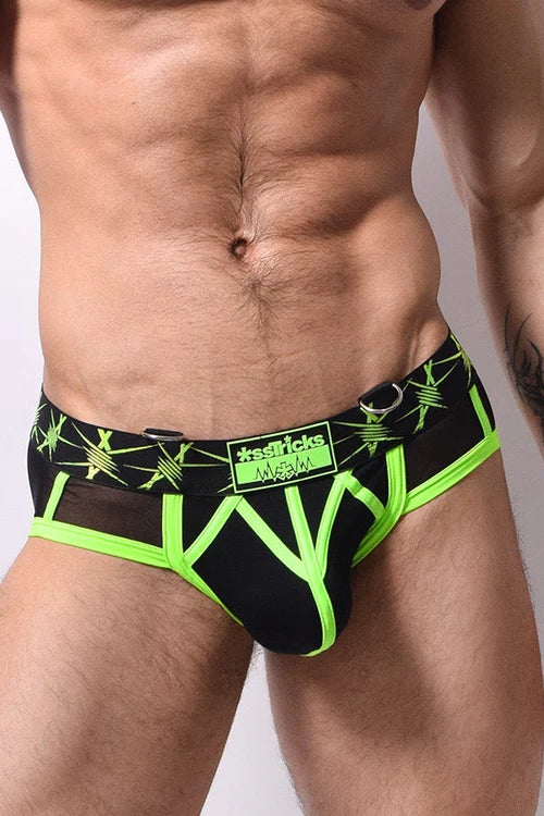 Men’s stinger brief with black and neon green barbed wire pattern and branded label for stylish comfort
