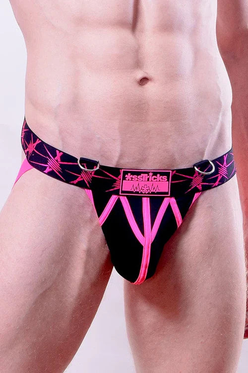 Stinger jockstrap briefs in black and pink barbed wire pattern with central logo patch