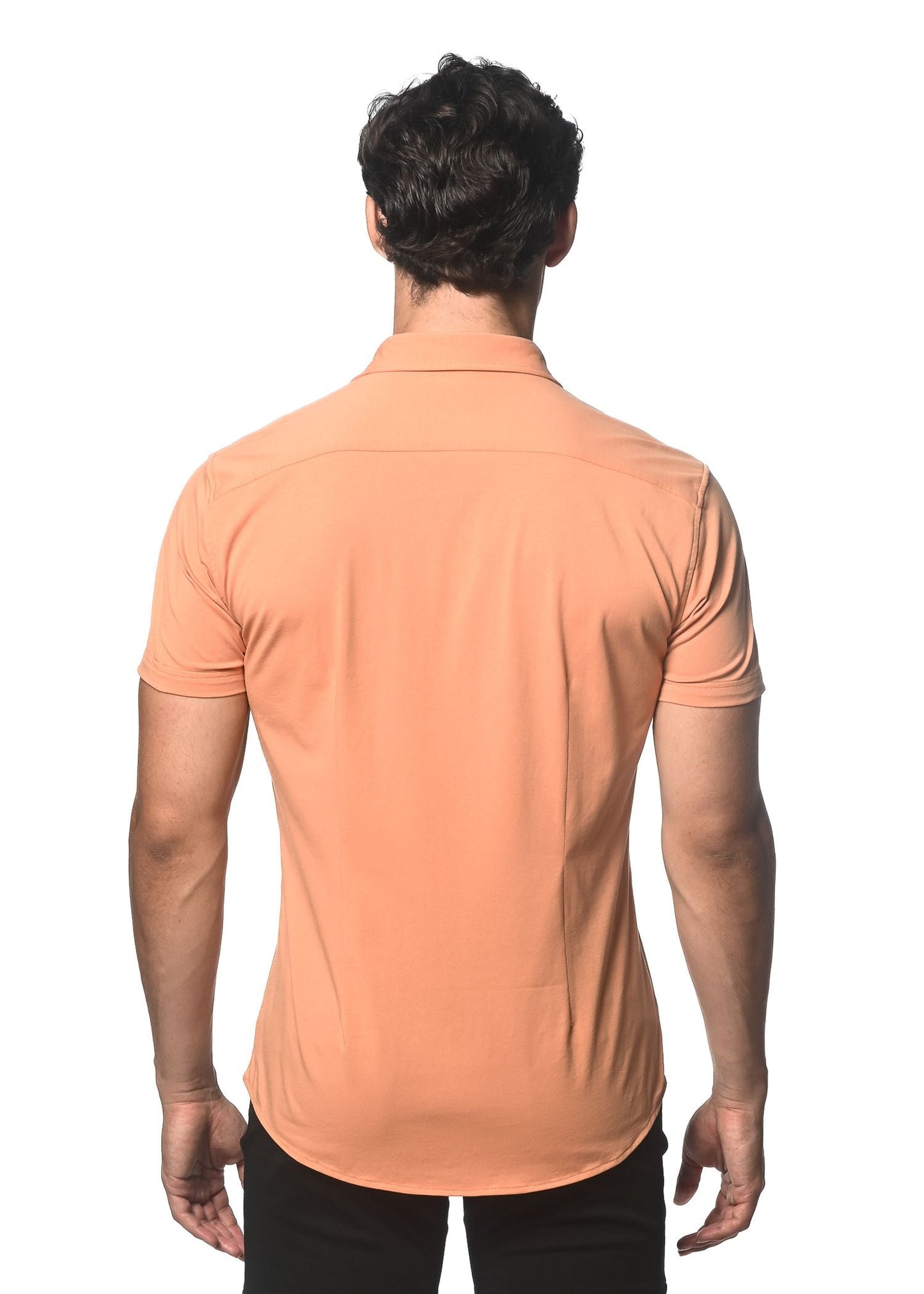A peach-colored stretch knit short-sleeved polo shirt with a classic collar and tailored fit