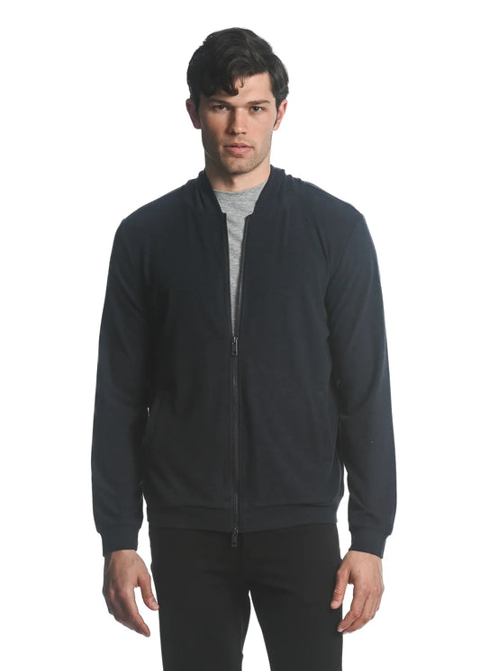 Black stretch knit zip-up hoodie with smooth textured fabric and ribbed cuffs for comfortable casual wear