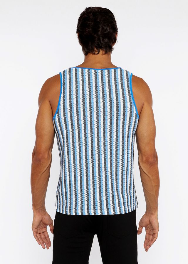 A men’s stripes open knit tank top with vertical light blue dark gray and white stripes and bright blue trim