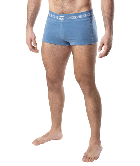 Blue nasty pig boxer briefs with white branding on waistband from suite trunk short collection
