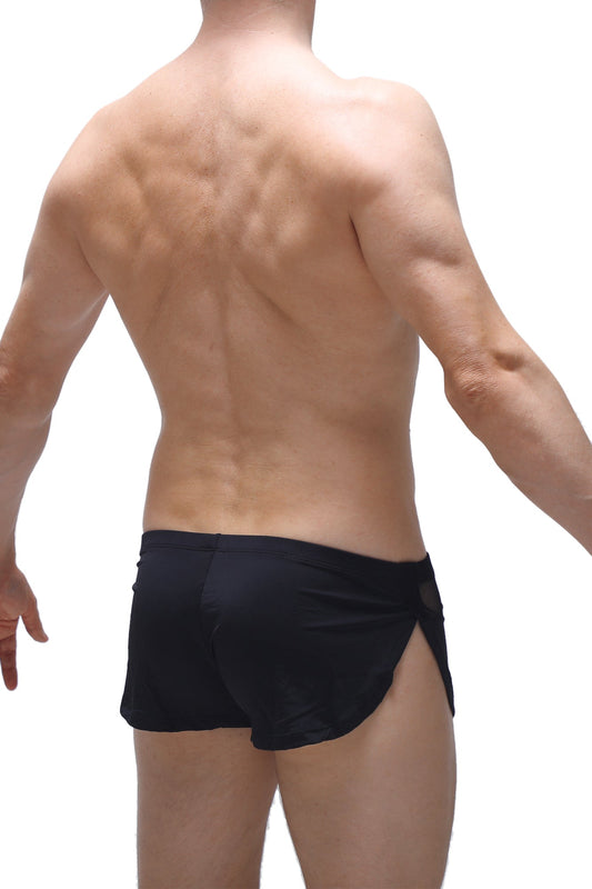 Black athletic short lounge shorts with sleek form-fitting design and side slits for comfortable wear