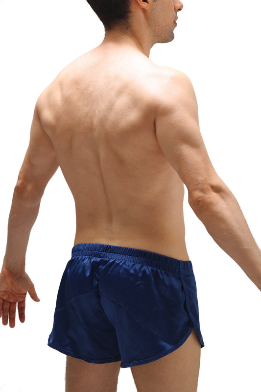 Navy blue satin shorts with an elastic waistband and jockstrap detail shown from the back side
