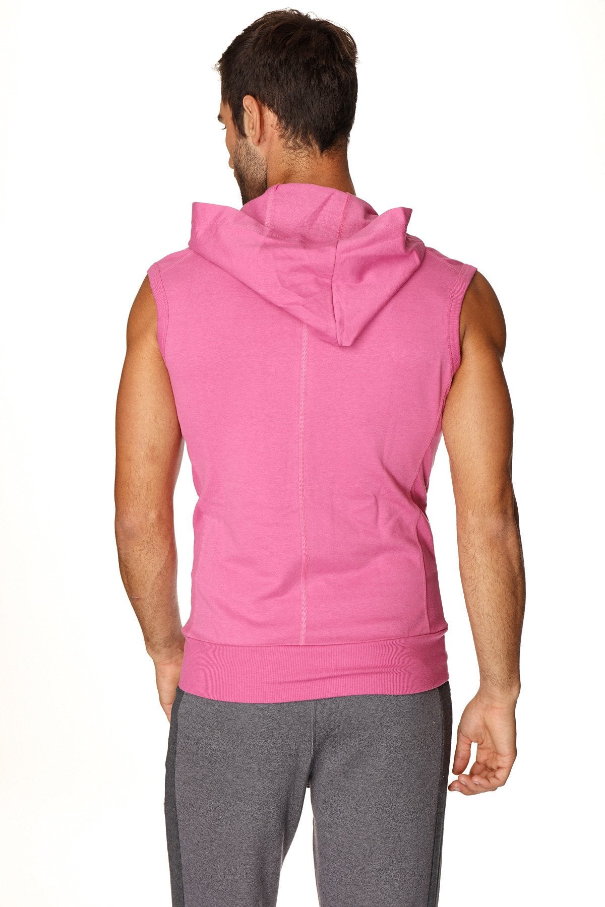 A vibrant berry sleeveless yoga hoodie with a hood and ribbed cuffs made from soft fabric