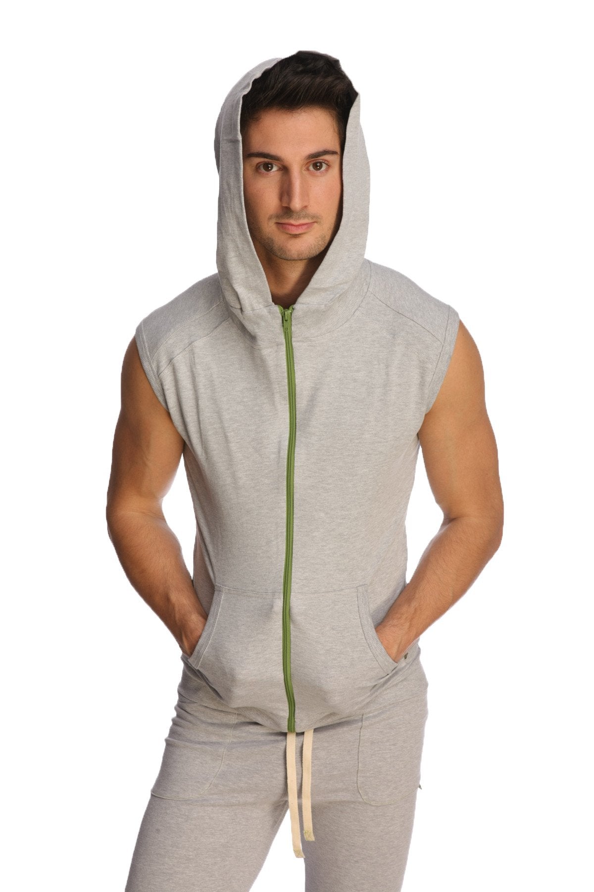 Sleeveless yoga hoodie heather grey with green zipper front pockets made of soft gray fabric for active wear