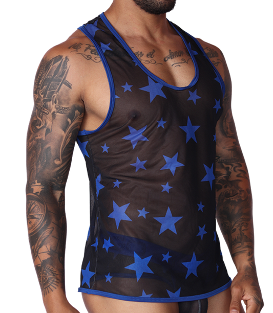 Gigo men's side-view tank in sheer black mesh with blue star print and blue trim.