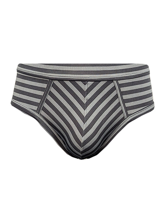 Gray and black striped men’s stretch comfort brief with chevron pattern offering soft breathable fabric