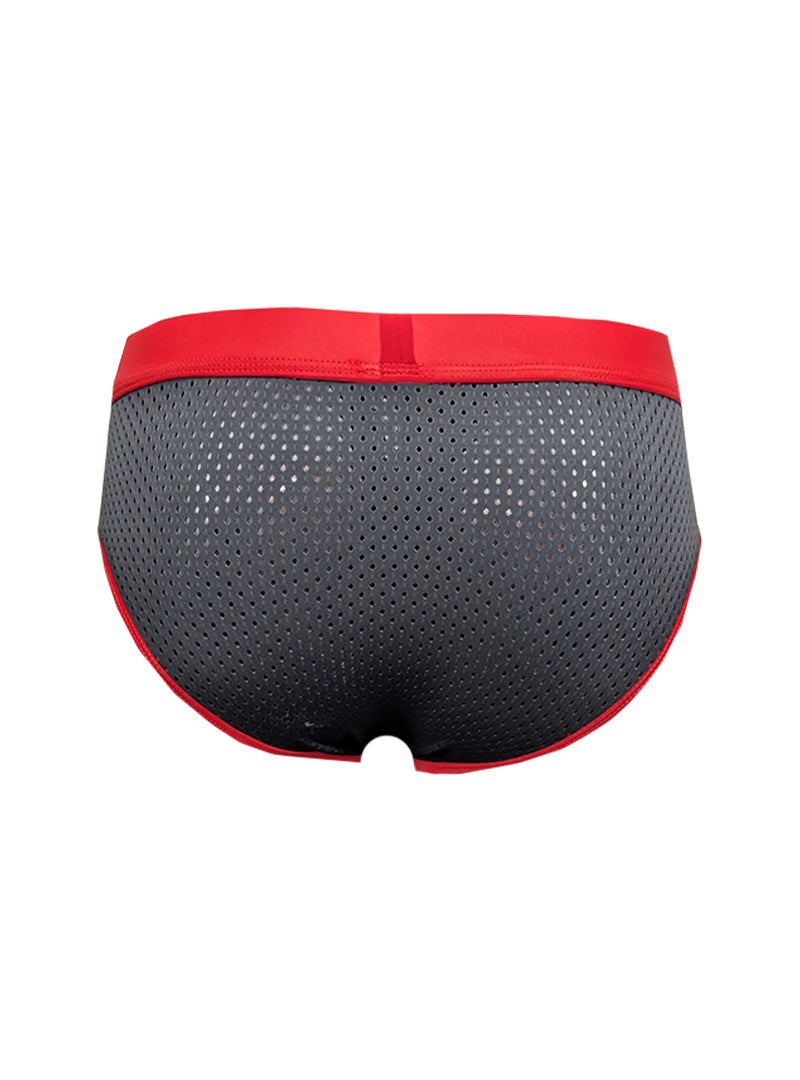 Black stretch mesh briefs with red waistband and trim designed for comfortable everyday wear