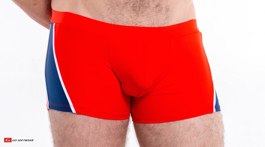 Men's square-cut swimsuit in red and navy blue featuring a snug fit and contrasting side panels by Go Softwear