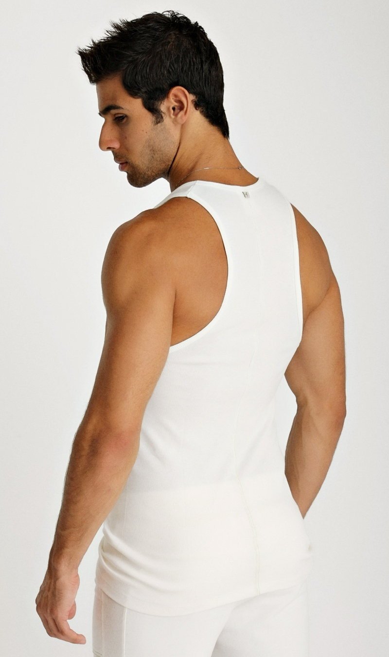 White sleeveless athletic sustain tank top with a simple fitted design ideal for active wear