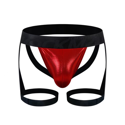 Red metallic briefs with black elastic waistband and leg straps in tartarus coated jock harness design