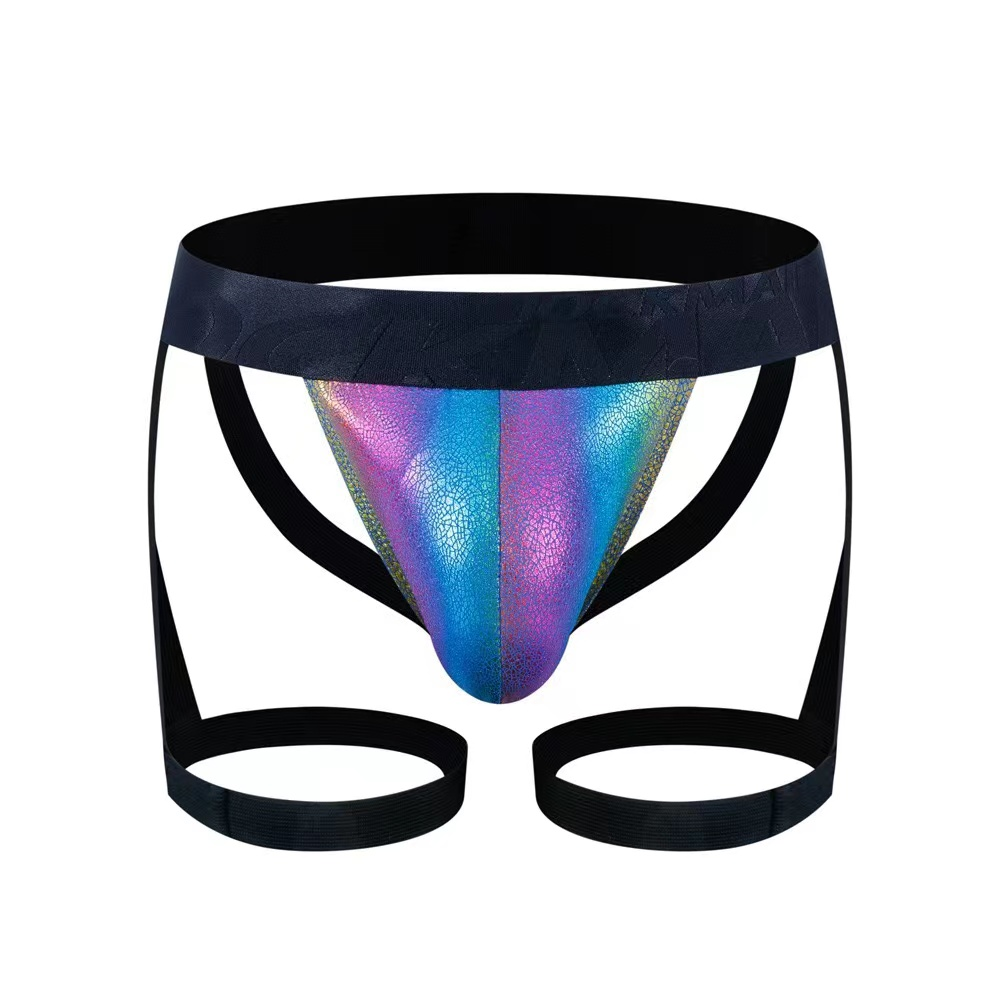 Iridescent holographic tartarus coated jock harness briefs with black elastic waistband and leg straps visible from the back