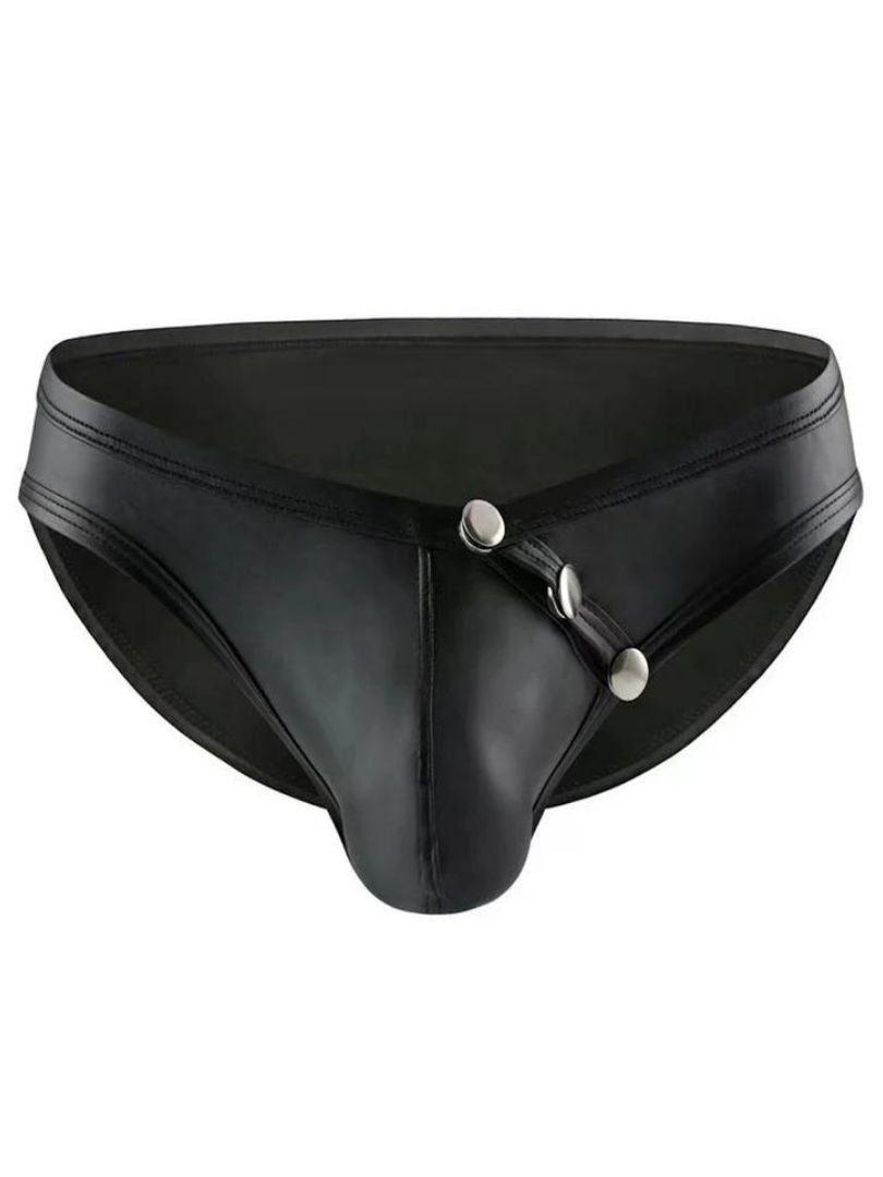 Black faux leather tartarus side buttons brief thong with silver-toned button closure detail