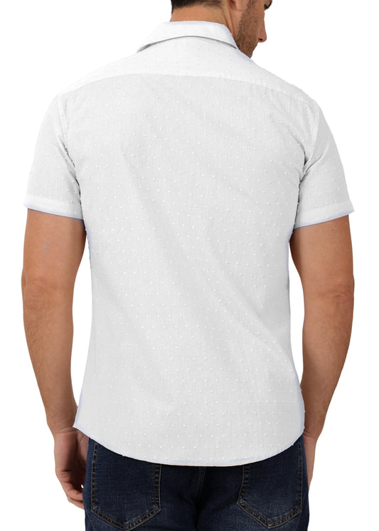 White short-sleeved button-down shirt with subtle dotted pattern perfect for casual and smart casual wear