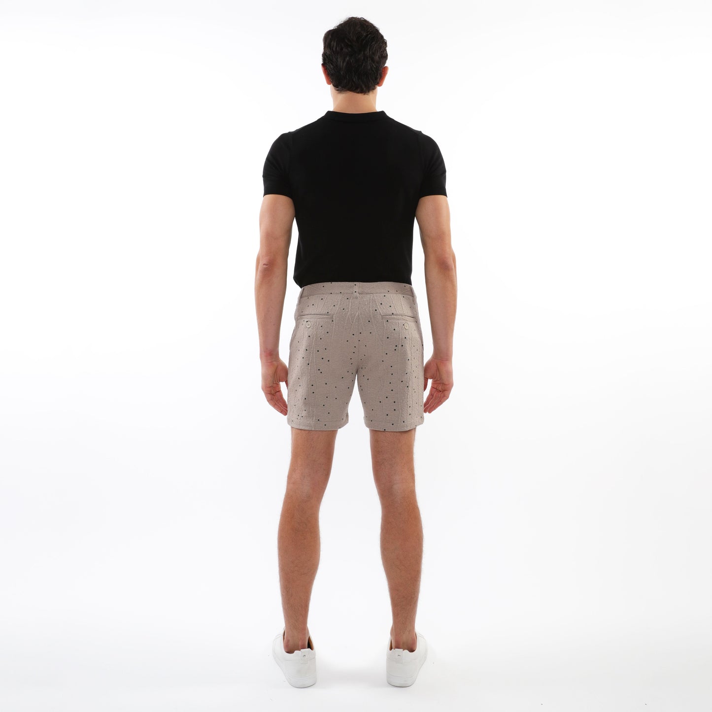 Beige textured jacquard stretch chino shorts with subtle black dot pattern classic tailored fit and two front pockets