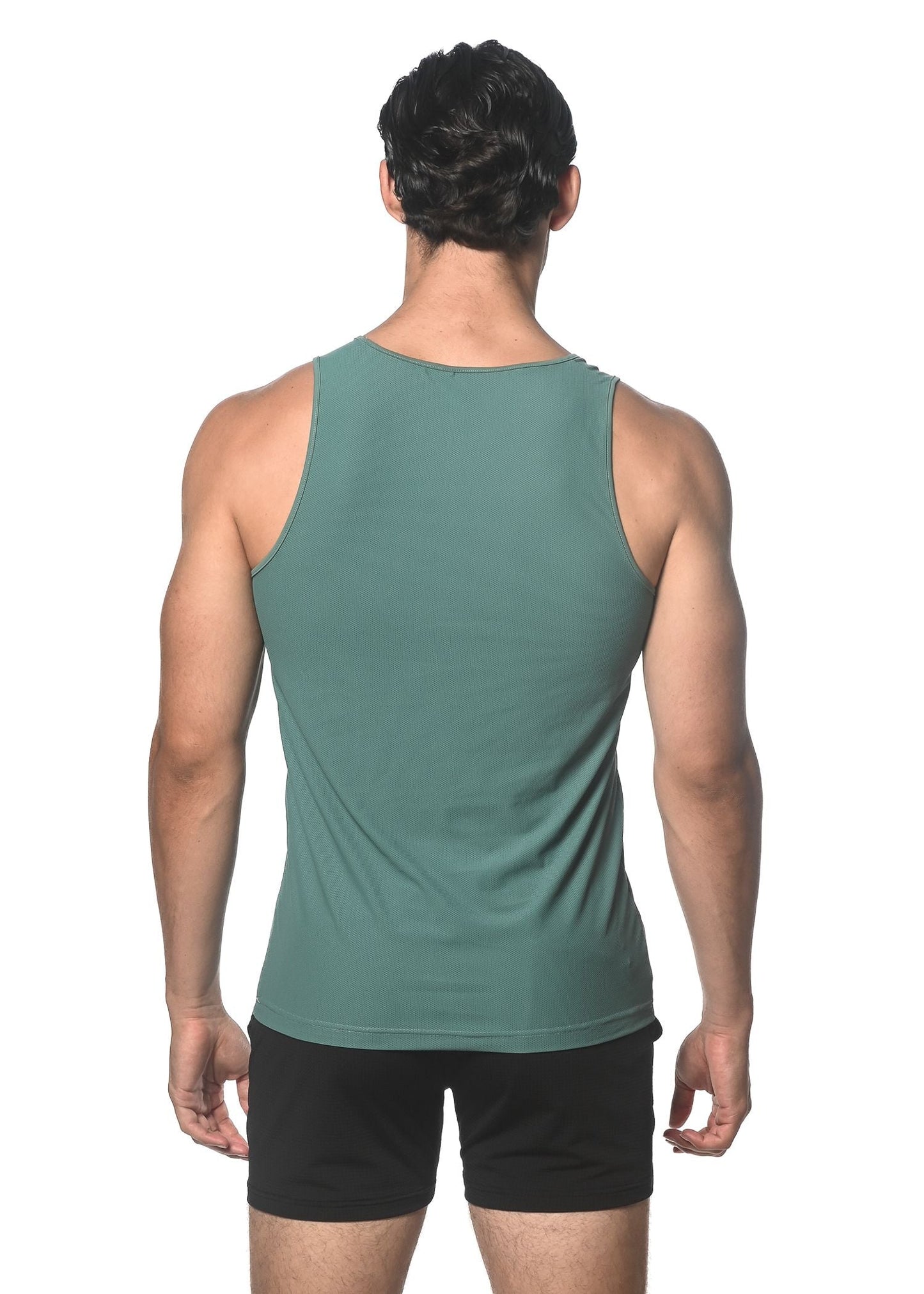 A sleek teal textured mesh performance tank top with smooth form-fitting fabric and subtle seam detailing
