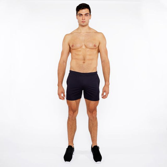 Black textured mesh stretch performance shorts with a sleek minimalist design for athletic use