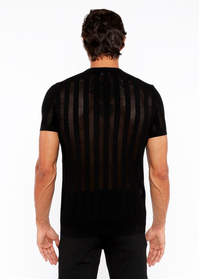 Black short-sleeved textured open knit crew tee with vertical ribbed texture ideal for casual wear