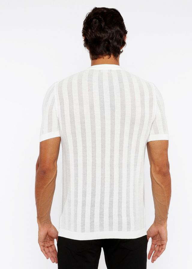 Textured open knit crew tee white short-sleeved knit shirt with subtle gray vertical stripes front view