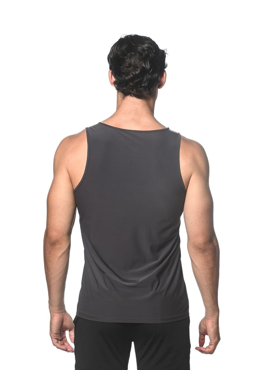 Dark gray sleeveless textured stretch mesh performance tank with smooth form-fitting fabric