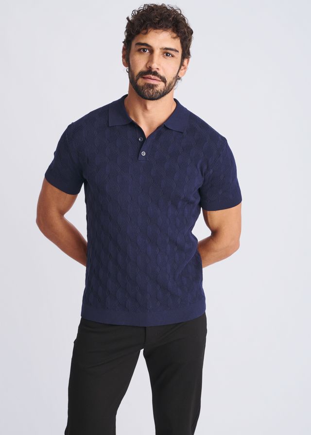 Navy blue textured stripes silk tencel polo shirt with knit fabric for a stylish and comfortable look