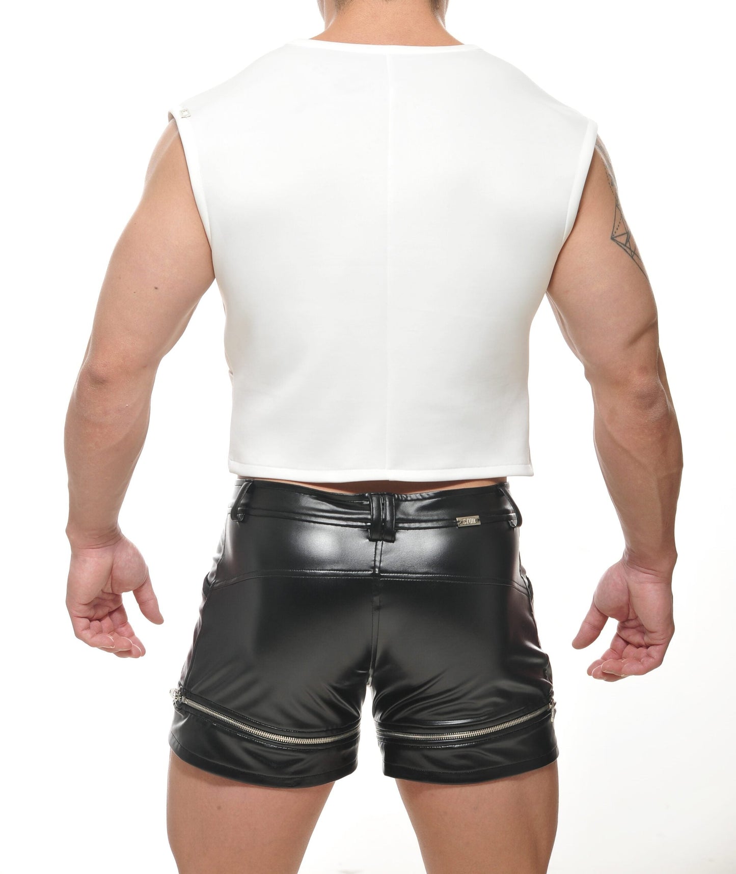 Black patent leather shorts with zipper accents and central back belt loop shown from the back for theta crop top