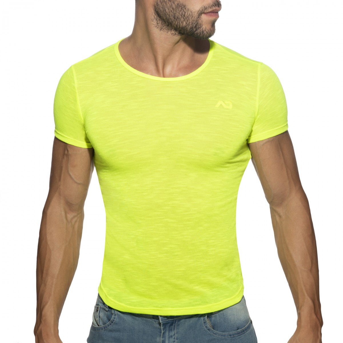 Bright neon yellow thin flame t-shirt with short sleeves subtle textured fabric and small chest logo