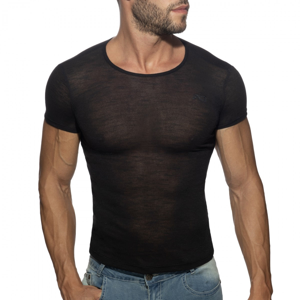 Black sheer mesh thin flame t-shirt with short sleeves and round neckline for lightweight breathable wear