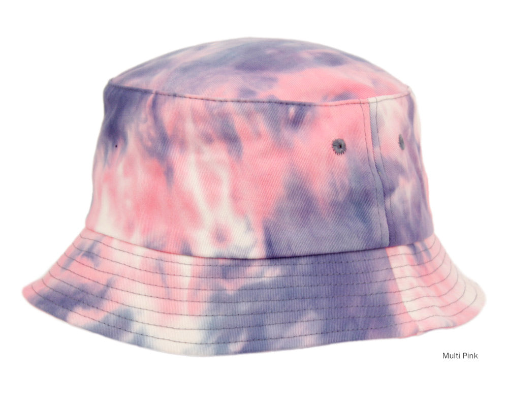 A soft tie dye bucket hat in pink and purple hues with subtle white streaks made of comfortable fabric