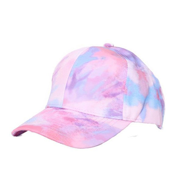 Pastel tie-dye cap with soft pink lavender and light blue swirls perfect for casual outdoor wear