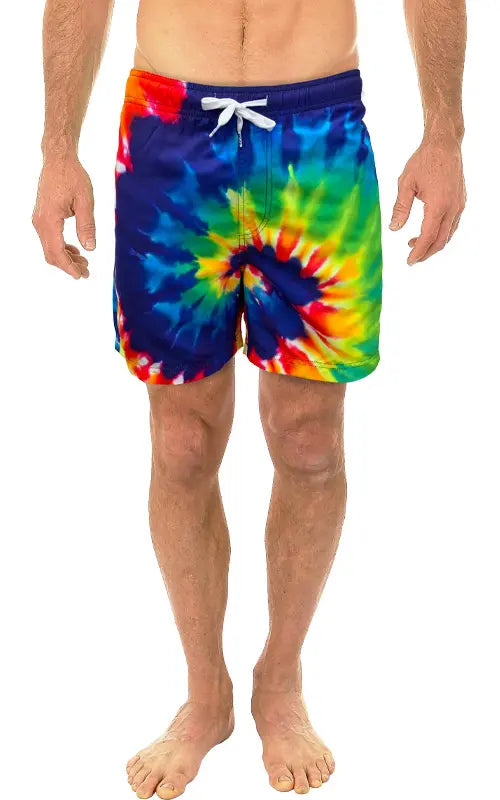 Tie dye swim short featuring vibrant swirling blue green yellow and red pattern with white drawstring waistband