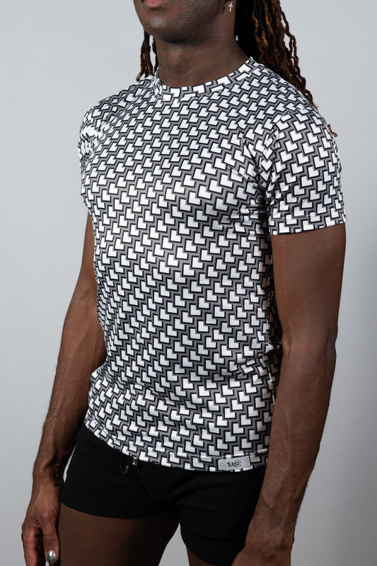 Black and white geometric patterned short sleeve crew neck tee made from soft breathable fabric perfect for casual wear