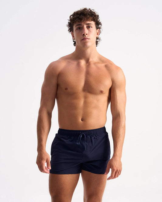 Teamm8 Bolt 3" navy gym shorts with elastic waistband and drawstring, front view against a white background.
