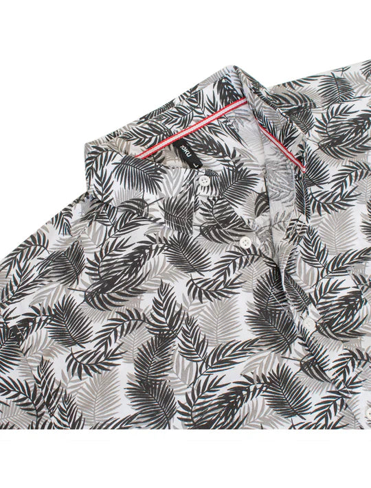 White button-up shirt toku palm print shirt with black and gray tropical palm leaf pattern and pink inner collar trim