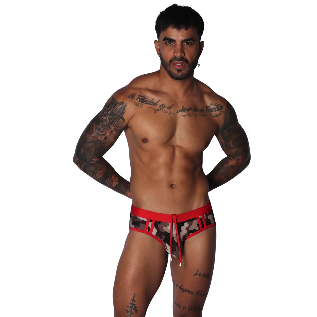 Men's low-rise swim brief in camo print with red waistband, cutouts, and a front drawstring tie.