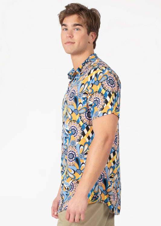 Tropical abstract s s shirt in vibrant blue and yellow with floral and geometric patterns on short sleeves
