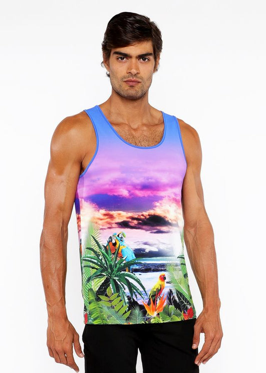 Tropics stretch mesh tank men’s tank top with vibrant tropical sunset palm trees and colorful parrots in bright hues