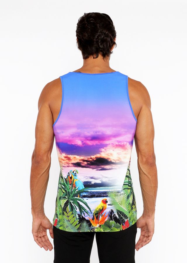 Tropics stretch mesh tank featuring vibrant tropical sunset design with colorful parrots and lush green foliage