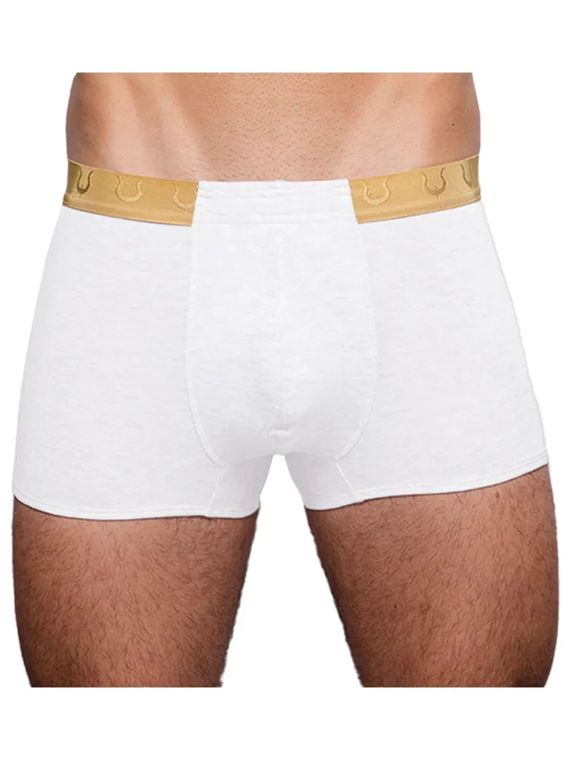 White men's trunk underwear with a gold waistband shown on a model made by Tartarus.