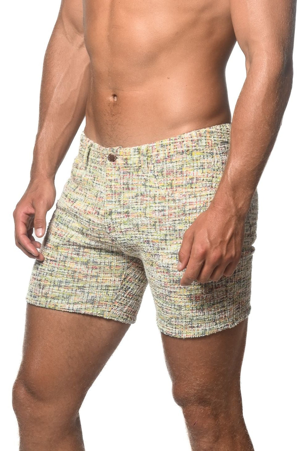 Beige and multicolored tweed-look jacquard stretch knit jeans shorts with textured woven pattern limited edition