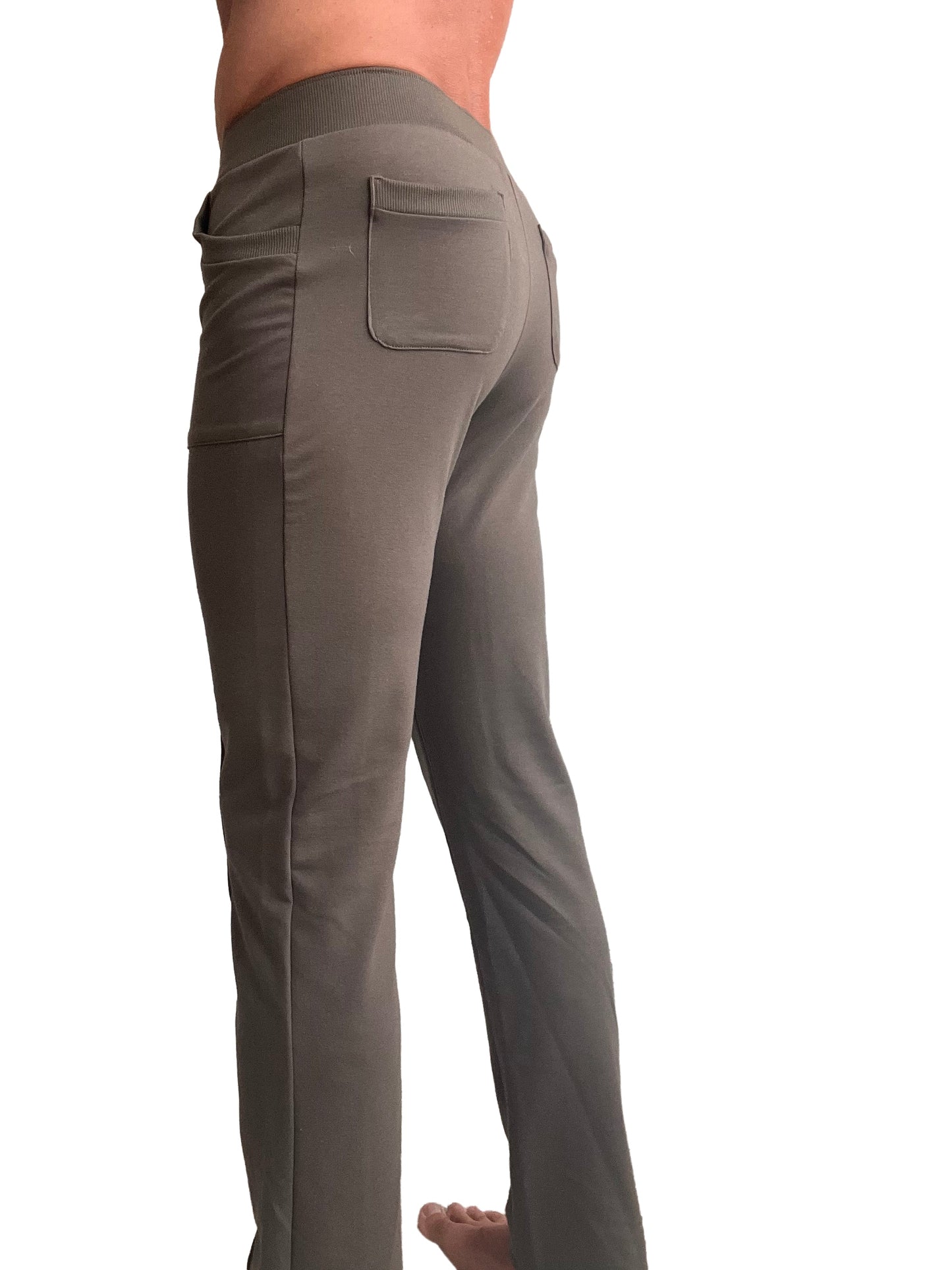 Olive green tactical urban at home dress pant yoga pant with stretch fabric ribbed waistband and two side pockets