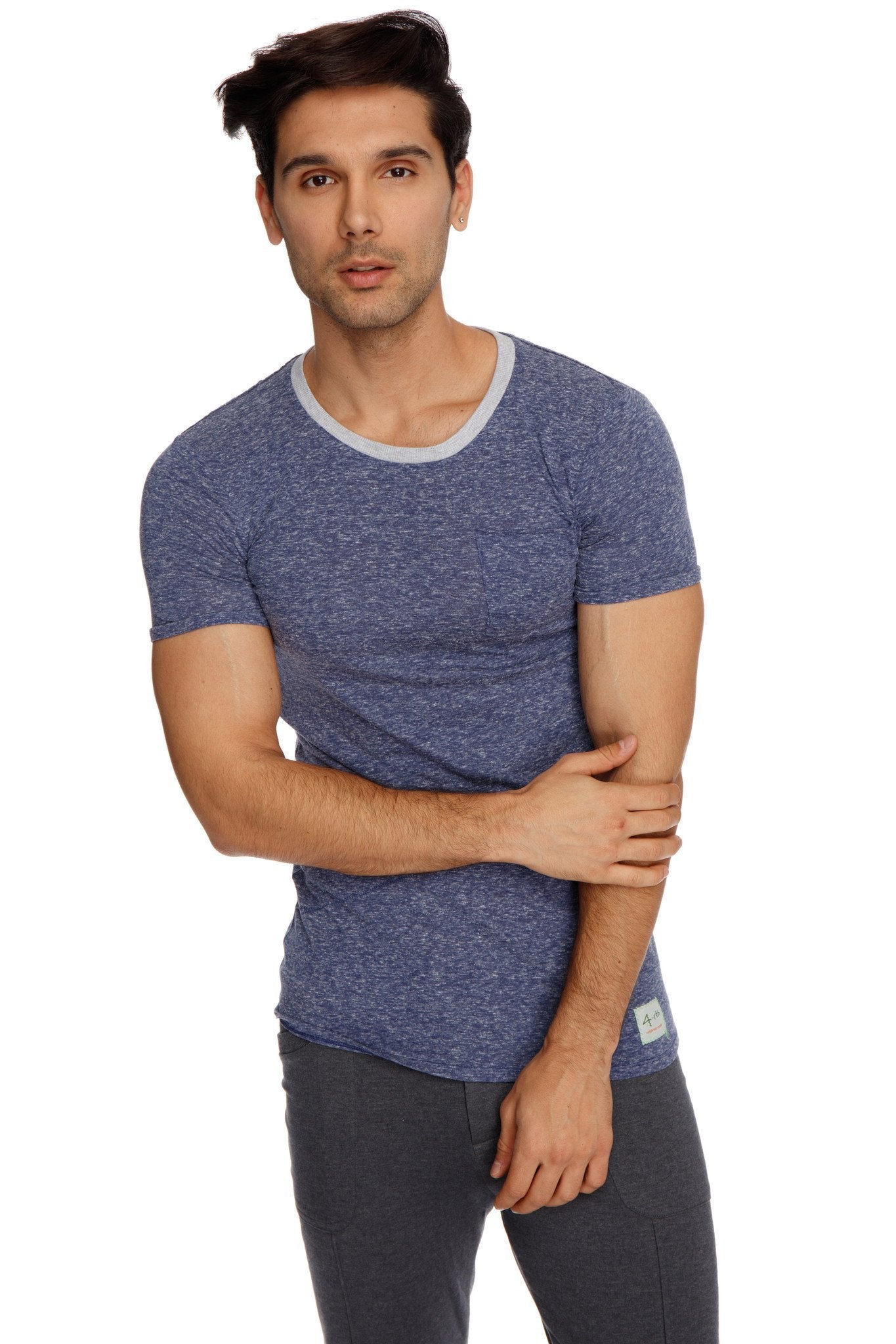Blue heathered short-sleeve t-shirt with light gray ribbed crew neckline paired with charcoal tactical urban yoga pant