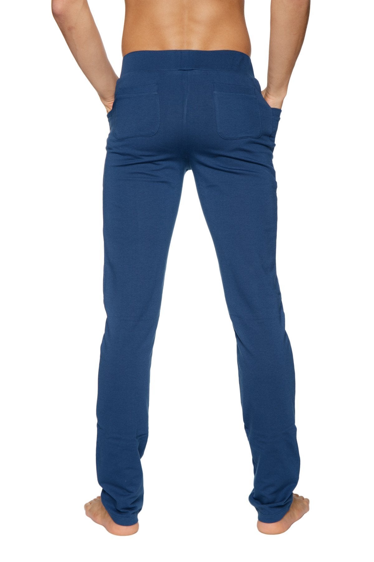 Back view of navy blue stretchy tactical urban at home dress pant yoga pant with two back pockets