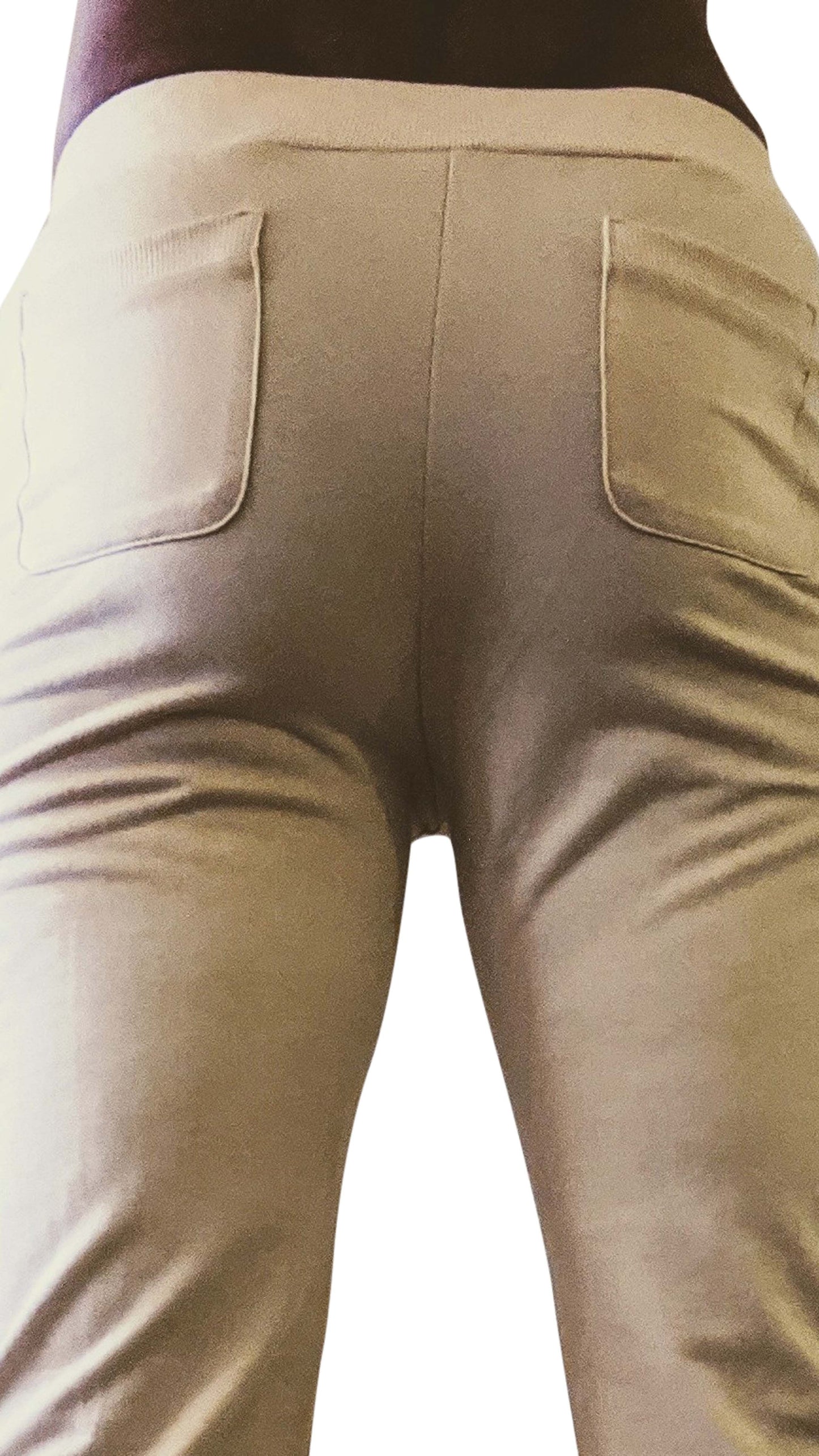 Beige tactical urban at home dress pant yoga pant shown from back with two pockets and fitted waistband