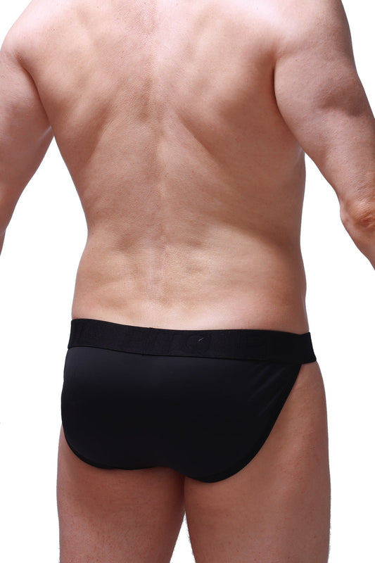 Black tanga pinces briefs with smooth form-fitting fabric and wide elastic waistband showing the back side