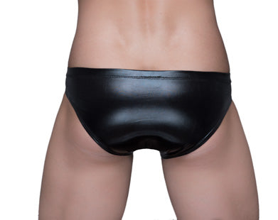 Black shiny leather briefs with coated finish from Tartarus Coated Brief collection shown from the front side