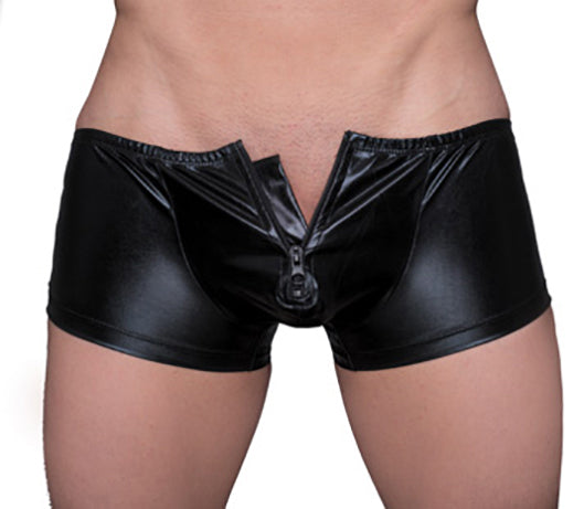 Black patent leather briefs tartarus coated trunk with a central front zipper for bold stylish wear