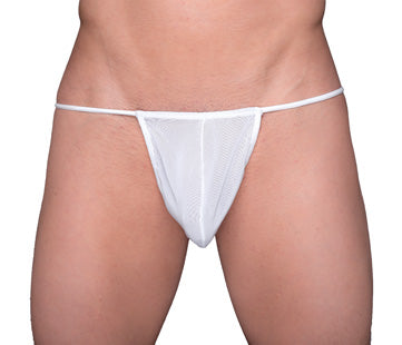 White mesh thong with thin straps showing the back side in tartarus mesh thong design